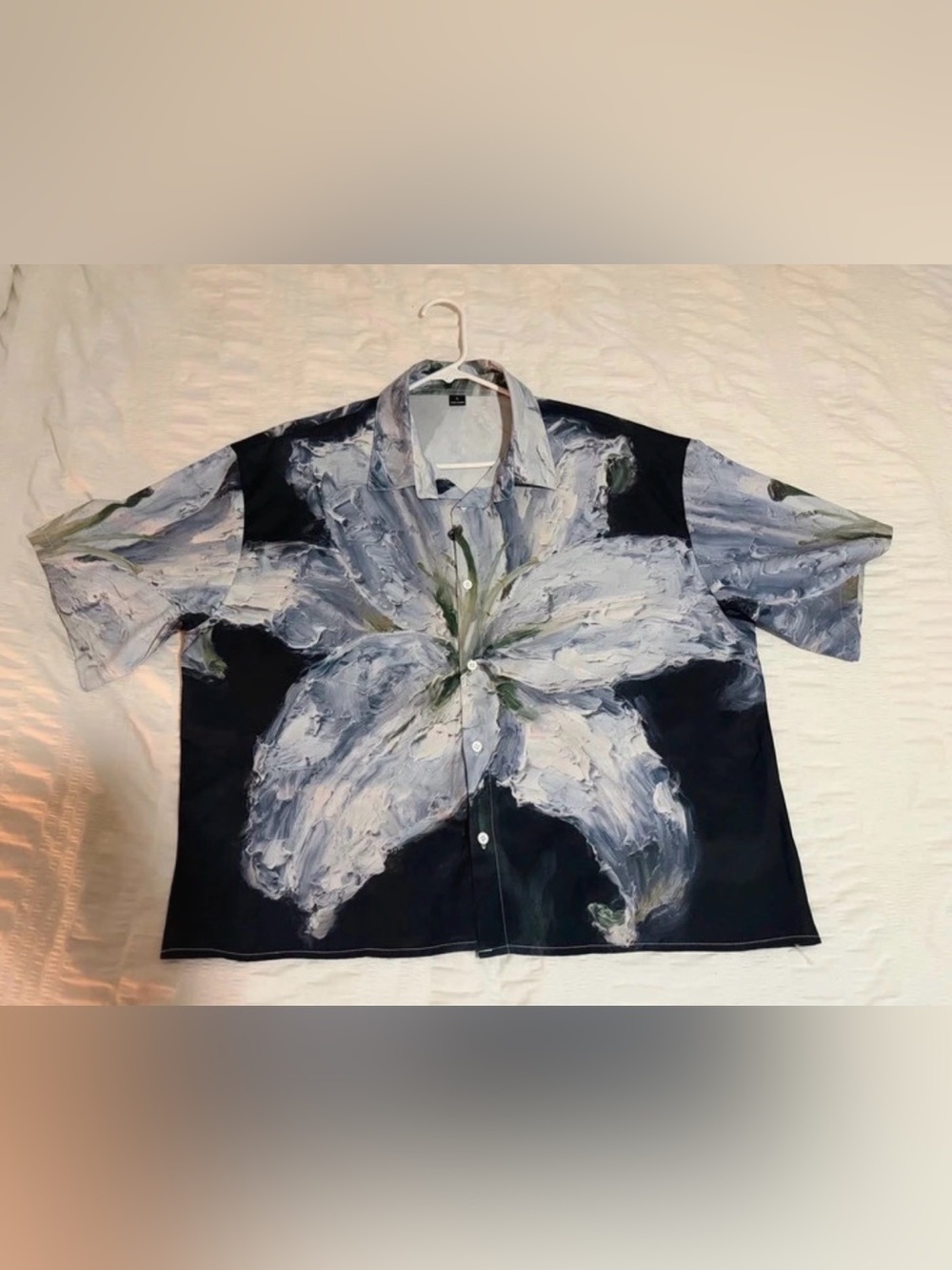 Men's Navy Short-Sleeve Floral Print Shirt Jacket - White Flower